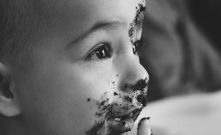 niño, bebé, lindo, chocolate, pastel, boca, dulces