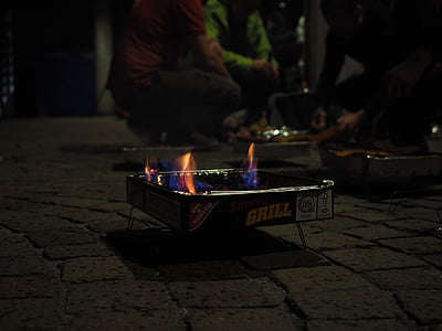 grill, disposable grill, barbecue, charcoal, burn, fire, carbon