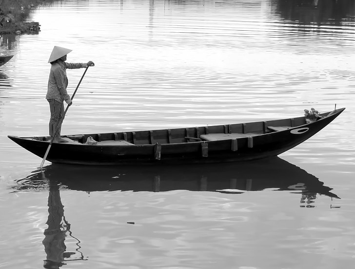 Vietnã, hoi an, barco, Crepúsculo, reflexões, Lagoa, embarcação náutica