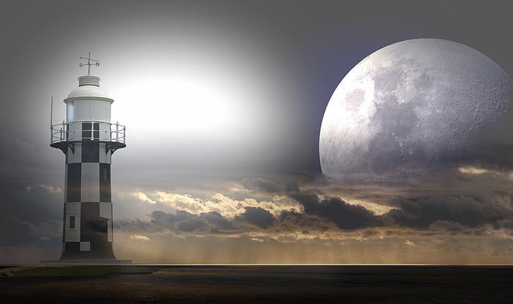 Lighthouse, mesiac, more, oblaky, svetlo, mystické, spln