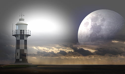 lighthouse, moon, sea, clouds, light, mystical, full moon