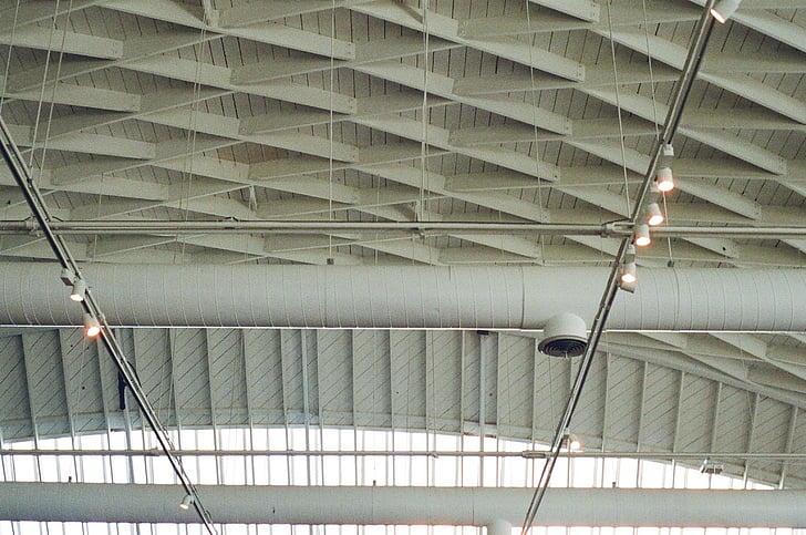 ceiling, beams, pipes, lights, architecture, indoors, built structure