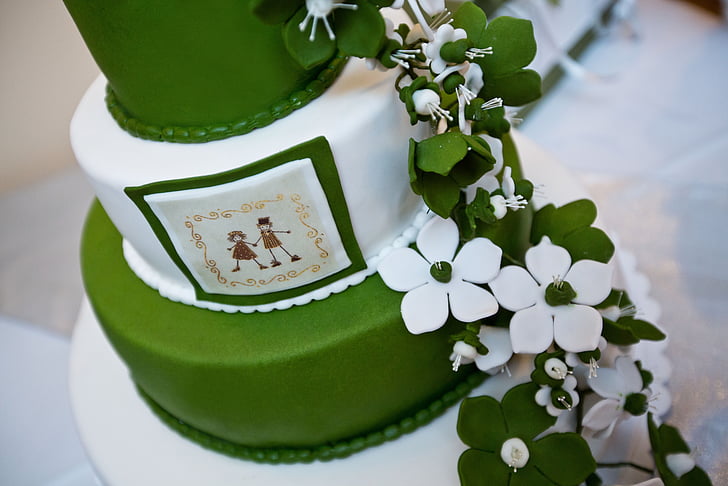 bruiloft, taart, groen