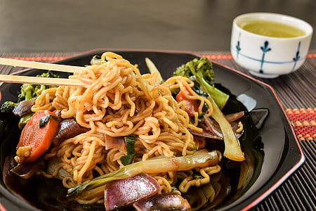 Yakisoba, mad, middag, måltid, velsmagende, gourmet, vegetabilsk