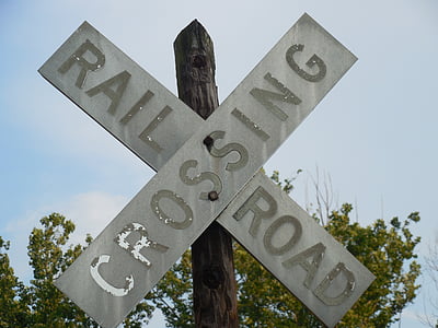 traversant, chemin de fer, train, signe, transport, route, Croix