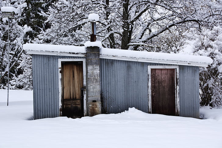 winter, snow, shed