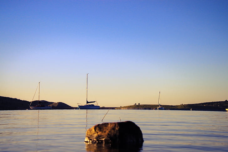 Carter lake colorado, bateaux à voiles, aube, coucher de soleil, nature, mer, bateau nautique