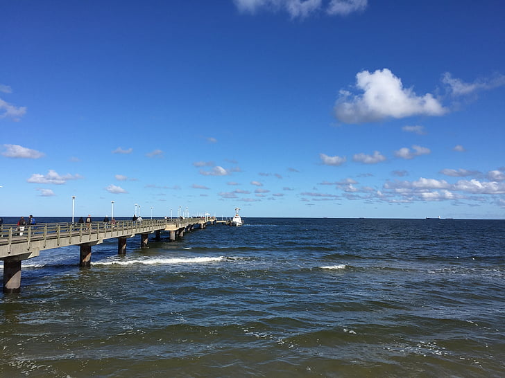 sétány, tengeri híd, Balti-tenger, homok, Beach, víz, Sky