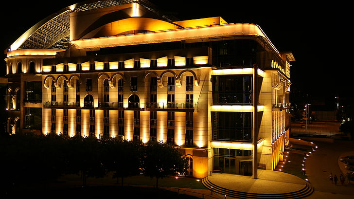 színhaz, žibintai, Budapeštas, Nacionalinis teatras, naktį, naktį nuotraukų, pastatų