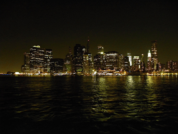 New york, Manhattan, noční, řeka, světla, městský, barevné