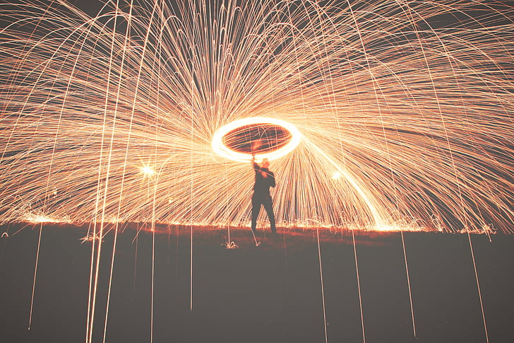 steel, wool, photography, line, motion, long exposure, sparks