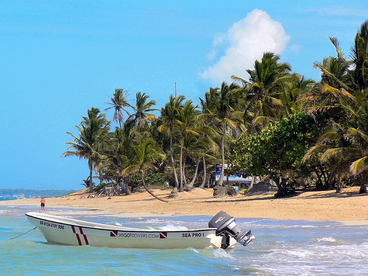dominican republic, boat, beach, holiday, blue, shore, landscape