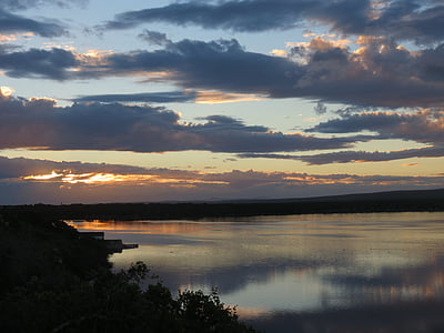 Lago, Sudáfrica, puesta de sol, nubes