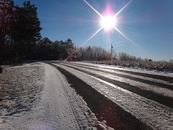 gelo, neve, gelada, estrada do país, escorregadia, Inverno, Carolina do Norte