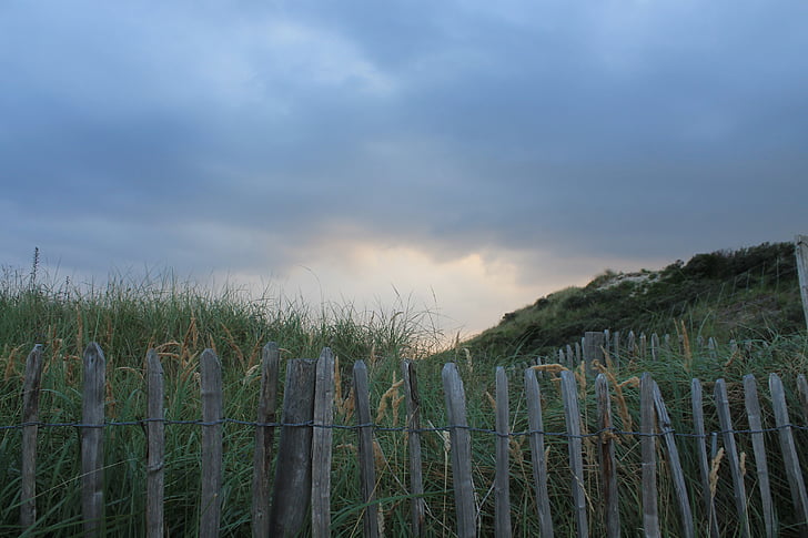 cerca, demarcação, dunas, pôr do sol, nuvens, Mar do Norte
