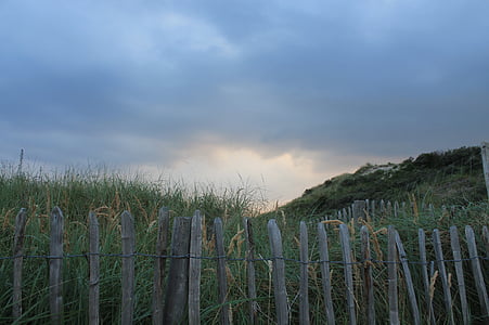 fence, demarcation, dunes, sunset, clouds, north sea