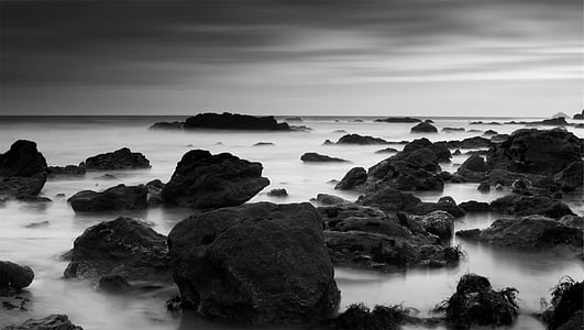 grayscale, photography, rock, formations, rocks, boulders, mist
