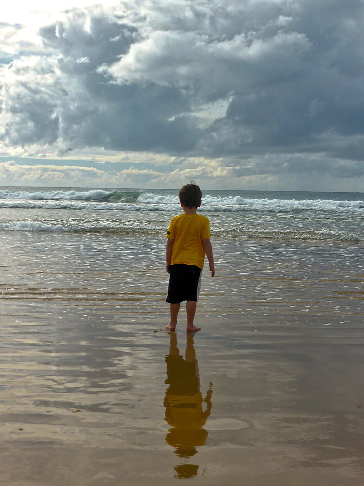 дитина, Хлопець, пісок, пляж, океан, морський пейзаж, море