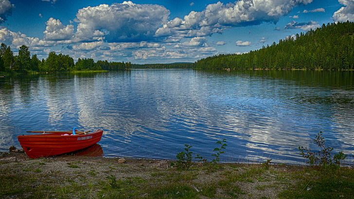 Švédsko, jezero Sax, voda, odrazy, obloha, mraky, HDR