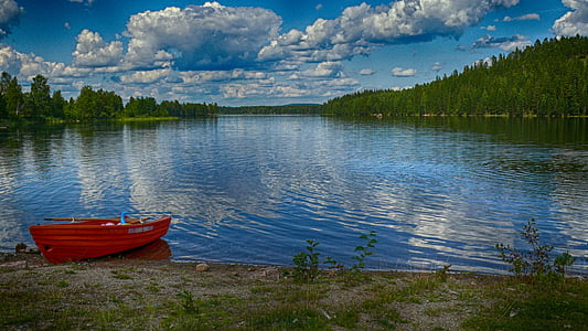 Svezia, Lago saxen, acqua, riflessioni, cielo, nuvole, HDR