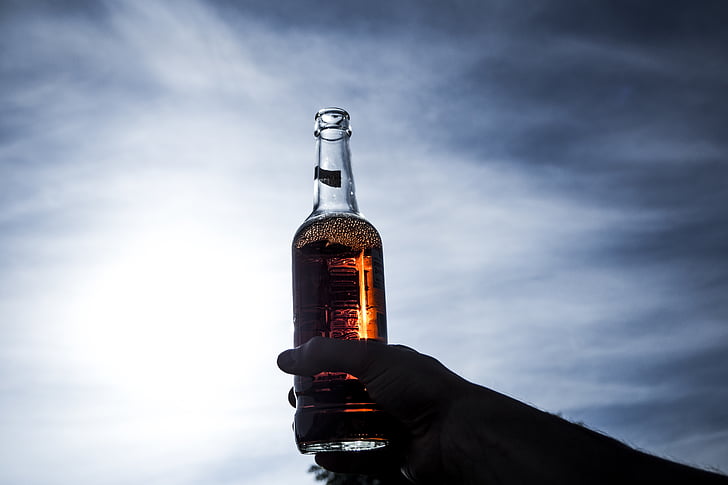alcohol, beer, beverage, bottle, clouds, dark, daylight