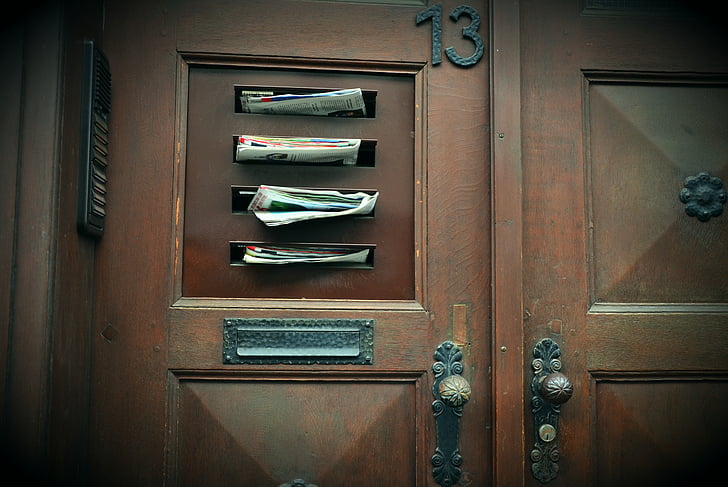 ประตู, เก่า, หนังสือพิมพ์, กล่องจดหมาย, ทางเข้าบ้าน, ประตูเก่า, ไม้