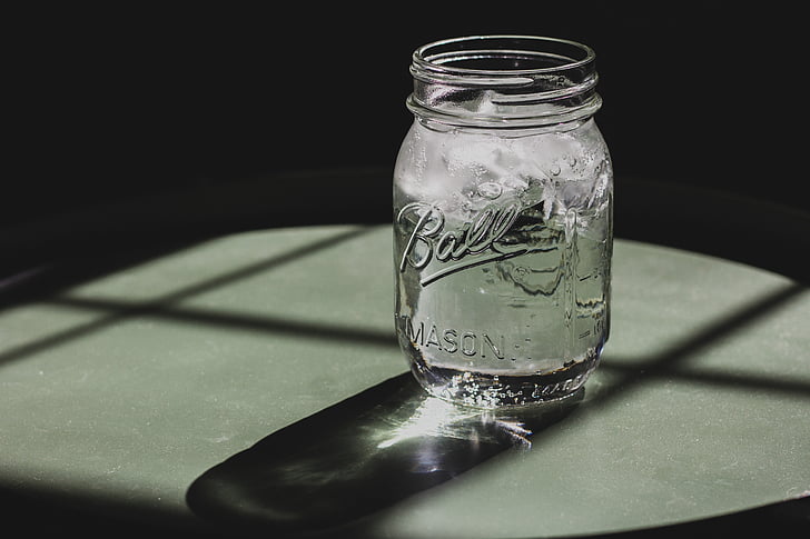 ガラス, jar, 氷, 冷, 水, テーブル, シャドウ