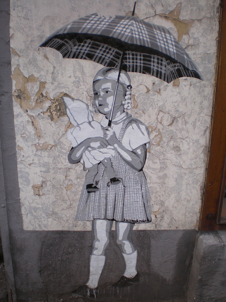 arte, grafite, arte de rua, Düsseldorf, menina, boneca, guarda-chuva