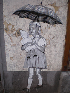 Menas, grafiti, gatvės menas, Diuseldorfas, maža mergaitė, lėlės, skėtis