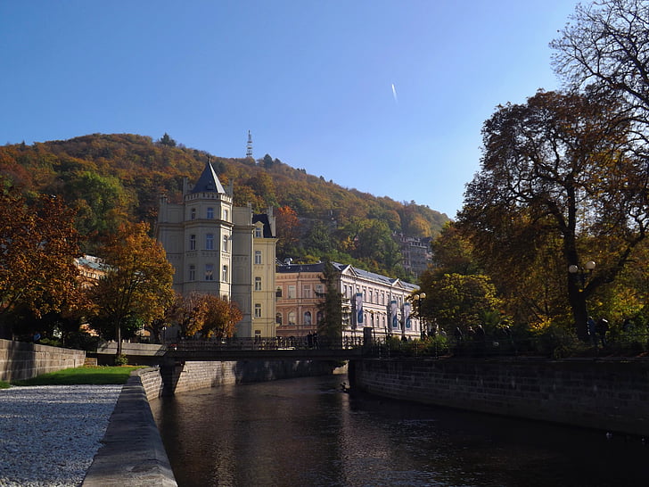 cielo, Karlovy vary, fiume, Case, paesaggio, viaggio, città