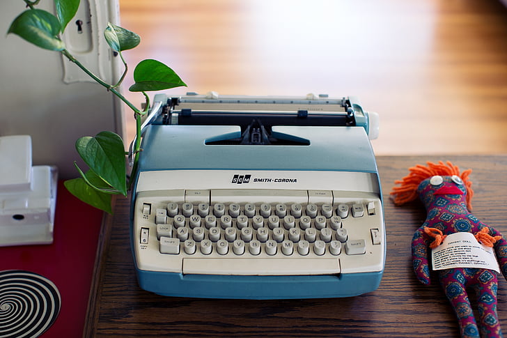 bela, modra, vrsta, pisatelj, pisalni stroj, pisanje, urad