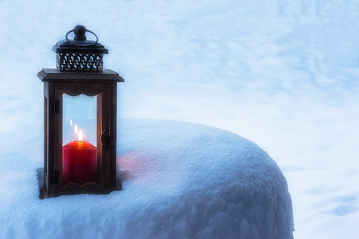 фенер, свещ, светлина, настроение, свещи, романтика, сняг