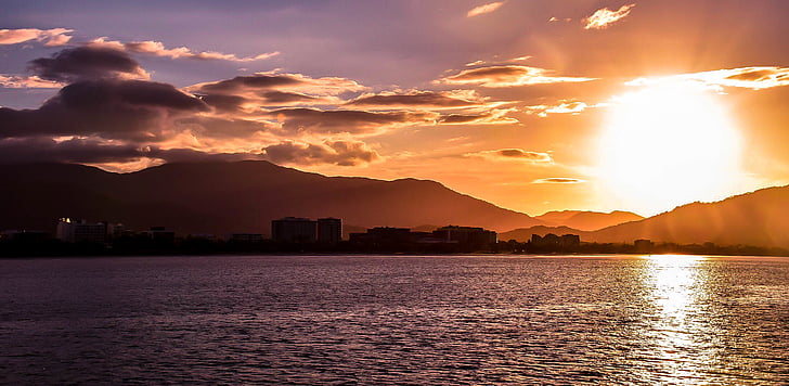 Pantai, bangunan, Kota, Fajar, senja, malam, langit malam