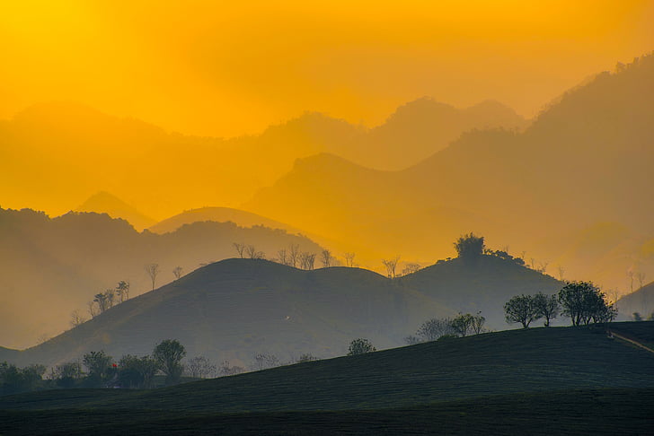 Vietnam, solopgang, Dawn, morgen, bjerge, landskab, Smuk