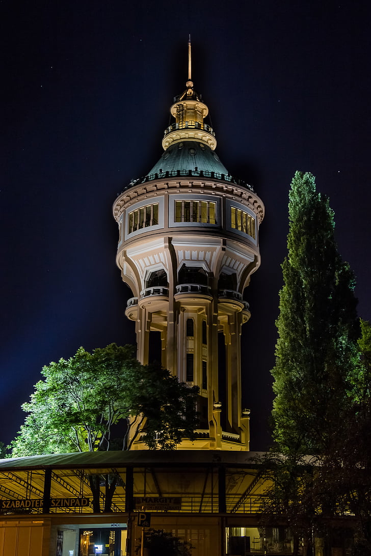 Torre, Torre del agua, edificio, Por la noche, Budapest, capital, urbana