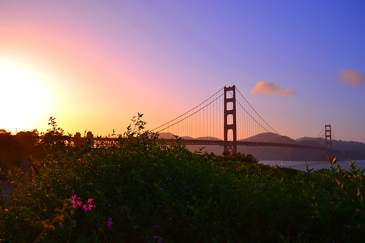 Золоті ворота, Сан-Франциско, Захід сонця, міст, парк, літо, Весна