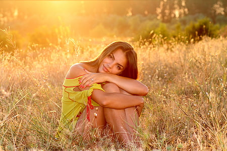 girl, grass, sunset, light, nature, in the evening, bfe