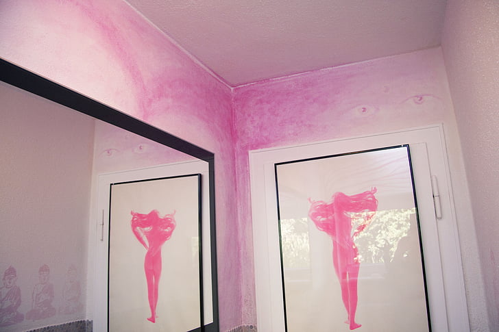 belsőépítészet, falfestmény, graffiti, stílusos, festészet, rózsaszín, tükör