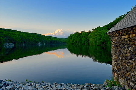 Lago, pôr do sol, nuvens, reflexão, árvores, floresta, Parque