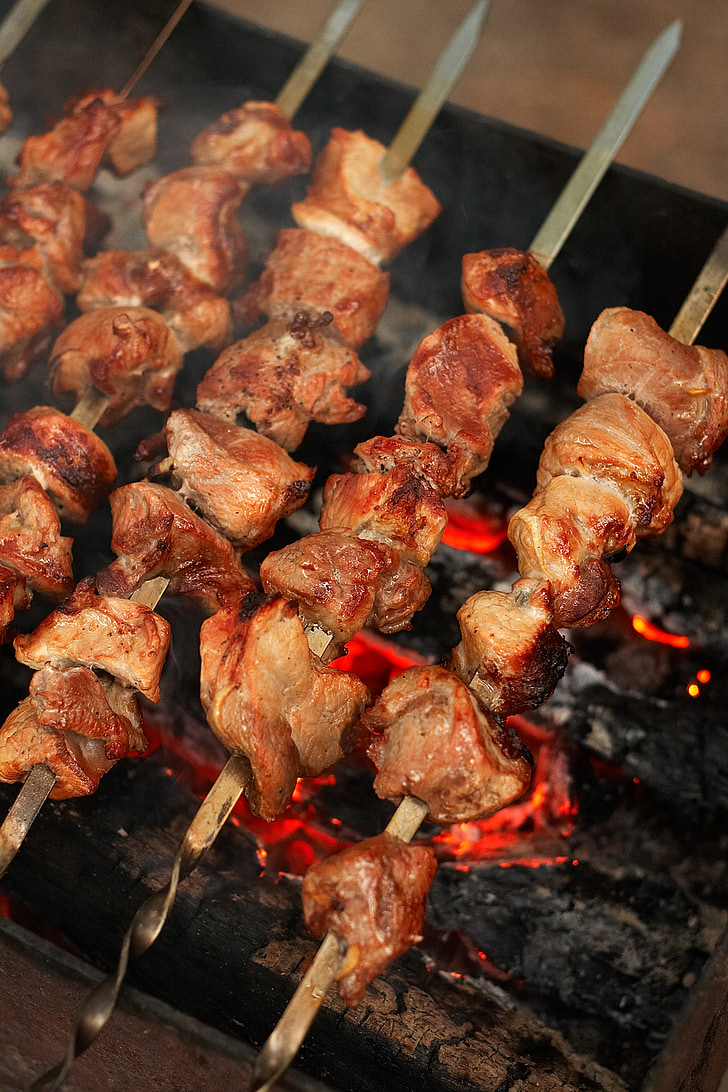 food, picnic, shish kebab, meat, mangal, fried meat, frying