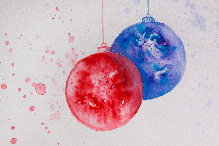 Weihnachten, Karte, Kugel, Christmas ornament, rot, Blau, Aquarell