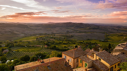 tuscany, italy, view, landscape, hills, town, house