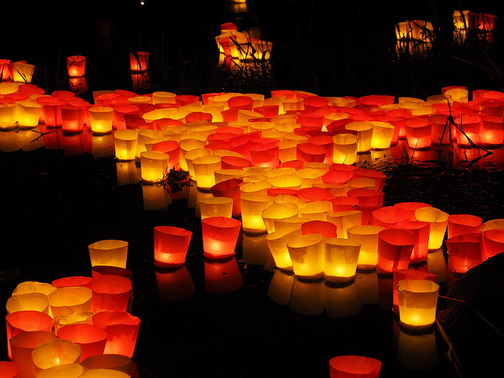 양 초, 빛 세레나데, 강, 빛의 축제, 떠다니는 촛불, 레드, 노란색