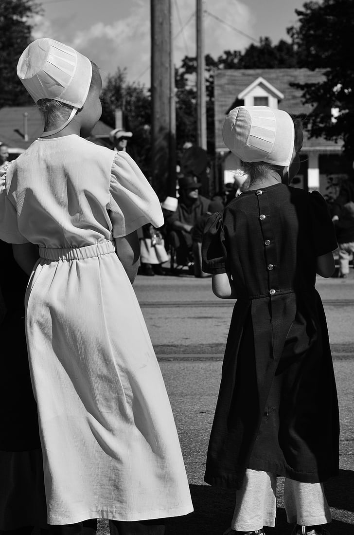 Amish, flickor, Parade, Bonnet, kläder, kostym, traditionella