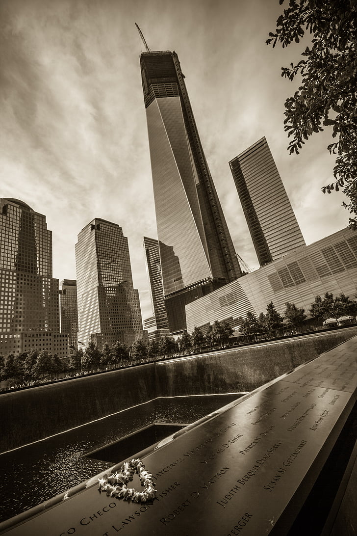 maailman kaupan memorial, New Yorkissa, World trade Centerin, musta ja valkoinen, kaupunkien kohtaus, pilvenpiirtäjä, Kaupunkikuva