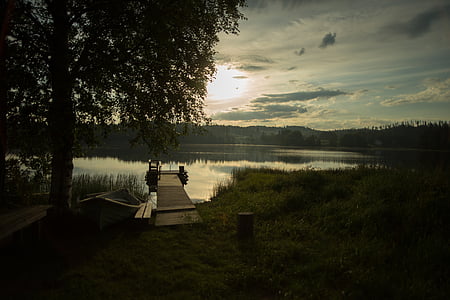 prieplaukos, ežeras, paplūdimys, Saulėlydis, Saulė, ežeras Suomijoje