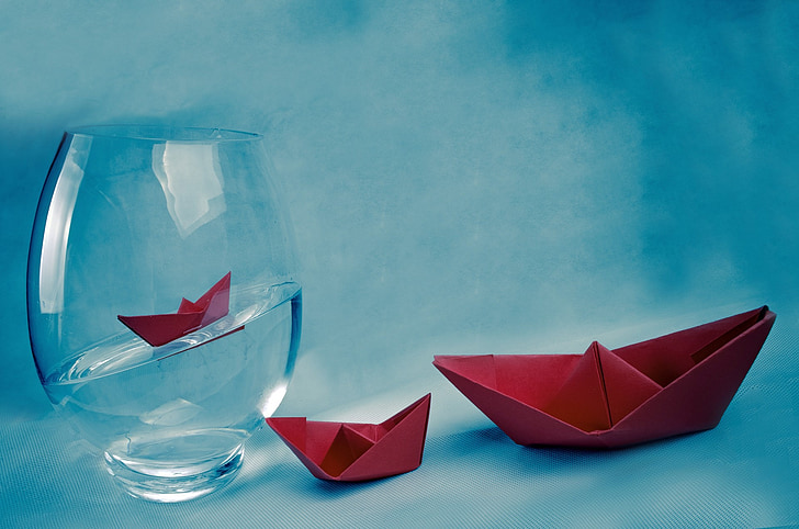 ship, away, boat, vase, water, red, paper boat