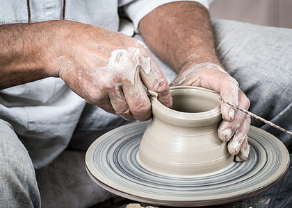 Potter, keramik, lera, cirkel, drejskivan, händer, hand