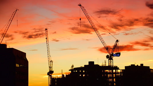 sunrise, construction, cranes, sky, colorful, dawn, industry