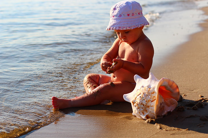 kids, sea, beach, happy, todler, cap, seashells